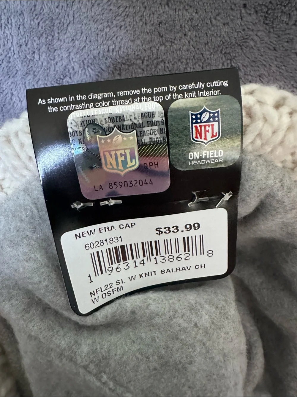 New Era Cream Cable Knit Pom Beanie with Ravens Logo nwt
